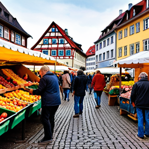 **

A bustling German "Wochenmarkt" (weekly market) scene. Focus on vendors selling colorful, seasonal fruits and vegetables directly from local farms. Emphasize the eco-friendly aspects: reusable shopping bags, minimal packaging, and signage promoting "Bio" (organic) produce. In the background, have a glimpse of traditional German architecture. The overall tone should be vibrant and inviting, highlighting the benefits of regional and seasonal eating in Germany.

**