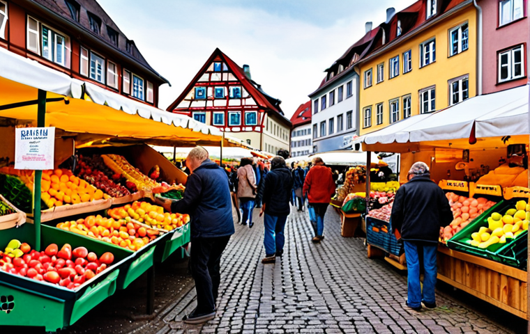 **
A bustling German "Wochenmarkt" (weekly market) scene. Focus on vendors selling colorful, seasonal fruits and vegetables directly from local farms. Emphasize the eco-friendly aspects: reusable shopping bags, minimal packaging, and signage promoting "Bio" (organic) produce. In the background, have a glimpse of traditional German architecture. The overall tone should be vibrant and inviting, highlighting the benefits of regional and seasonal eating in Germany.
**