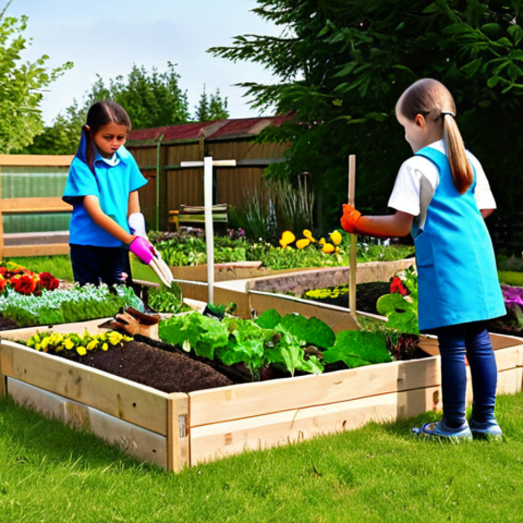 **

"A vibrant school garden teeming with children, fully clothed and wearing gardening gloves, planting vegetables in raised beds, surrounded by colorful flowers and a wooden insect hotel, safe for work, perfect anatomy, correct proportions, natural pose, educational setting, family-friendly, appropriate content, professional photography, high quality."

**