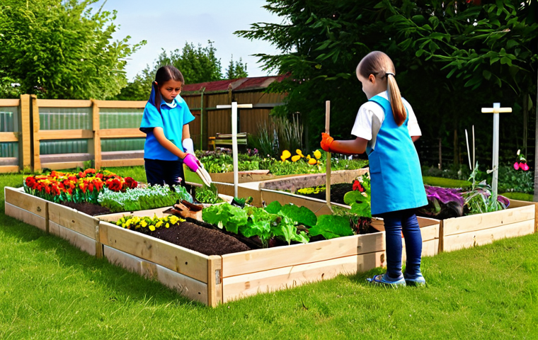 **

"A vibrant school garden teeming with children, fully clothed and wearing gardening gloves, planting vegetables in raised beds, surrounded by colorful flowers and a wooden insect hotel, safe for work, perfect anatomy, correct proportions, natural pose, educational setting, family-friendly, appropriate content, professional photography, high quality."

**