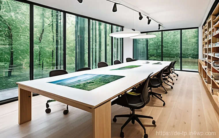 생태계 중심 사고와 혁신적 해결책 - **Prompt:** A vibrant, sun-drenched German design studio with large windows overlooking a green urba...