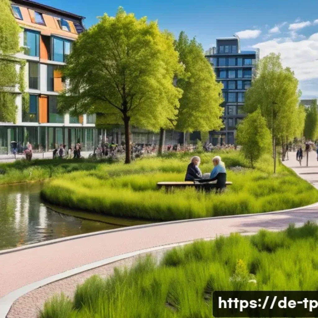 생태계 중심 사고와 지속 가능한 도시 - A vibrant urban park scene in a German city during spring, featuring diverse greenery including nati...