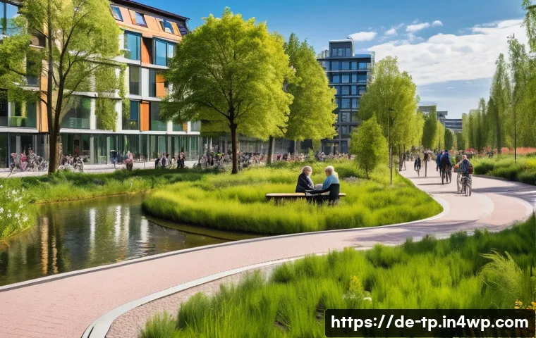 생태계 중심 사고와 지속 가능한 도시 - A vibrant urban park scene in a German city during spring, featuring diverse greenery including nati...