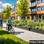 생태계 중심 사고를 위한 정책 제안 - A vibrant scene of a sustainable urban neighborhood in Germany featuring diverse people of all ages ...