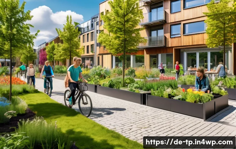 생태계 중심 사고를 위한 정책 제안 - A vibrant scene of a sustainable urban neighborhood in Germany featuring diverse people of all ages ...