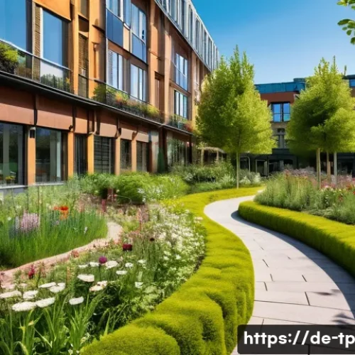 생태계 중심 사고의 중요성에 대한 논의 - A vibrant urban park scene in a German city during spring, showcasing diverse native plants and flow...