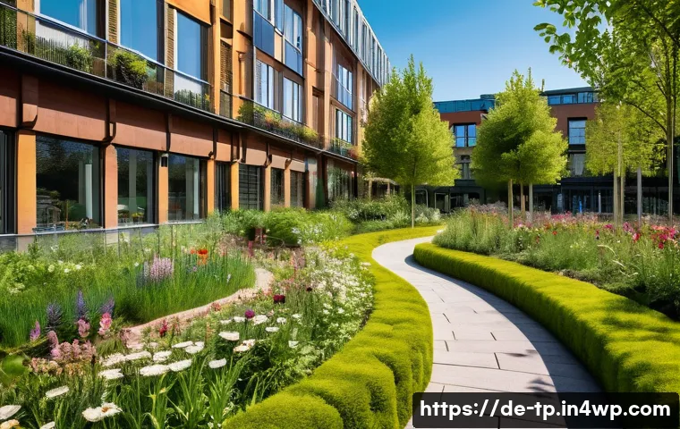 생태계 중심 사고의 중요성에 대한 논의 - A vibrant urban park scene in a German city during spring, showcasing diverse native plants and flow...