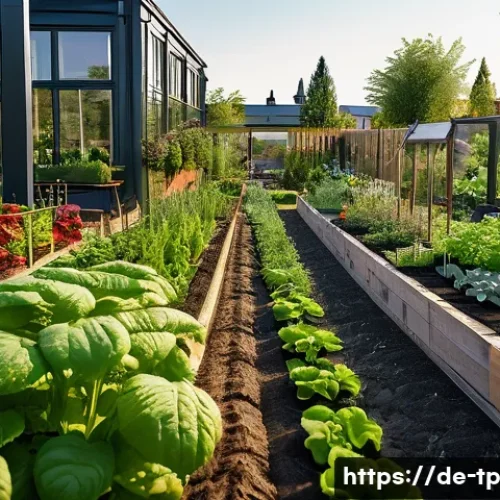 생태계 중심 사고와 기술적 해결책 - A detailed urban community garden scene in Germany featuring a state-of-the-art smart irrigation