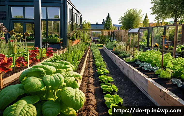 생태계 중심 사고와 기술적 해결책 - A detailed urban community garden scene in Germany featuring a state-of-the-art smart irrigation