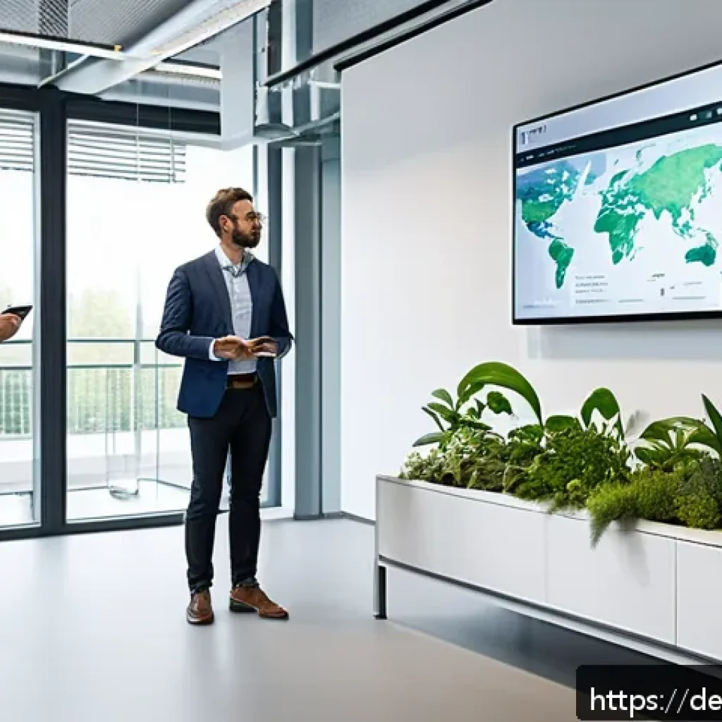 생태계 중심 사고와 사회적 책임 경영 - A modern German corporate office with a diverse group of professionals engaged in a sustainability w...