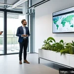 생태계 중심 사고와 사회적 책임 경영 - A modern German corporate office with a diverse group of professionals engaged in a sustainability w...