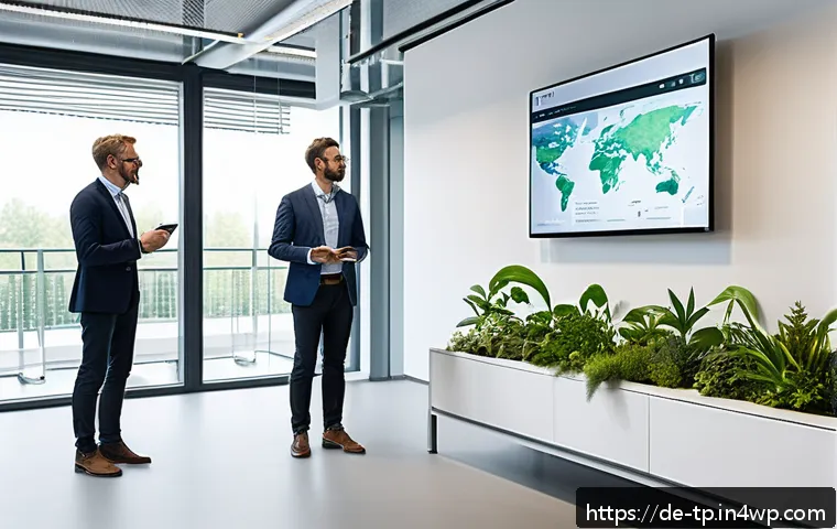 생태계 중심 사고와 사회적 책임 경영 - A modern German corporate office with a diverse group of professionals engaged in a sustainability w...