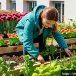 생태계 중심 사고의 사회적 영향력 - A vibrant urban gardening scene in a German neighborhood during springtime, showing diverse people o...