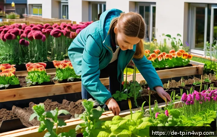 생태계 중심 사고의 사회적 영향력 - A vibrant urban gardening scene in a German neighborhood during springtime, showing diverse people o...