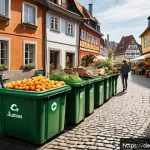 생태계 중심 사고와 지역 사회의 참여 - A vibrant German neighborhood scene showing diverse residents engaging in sustainable daily activiti...