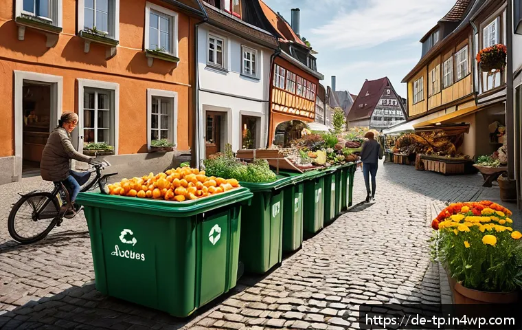 생태계 중심 사고와 지역 사회의 참여 - A vibrant German neighborhood scene showing diverse residents engaging in sustainable daily activiti...