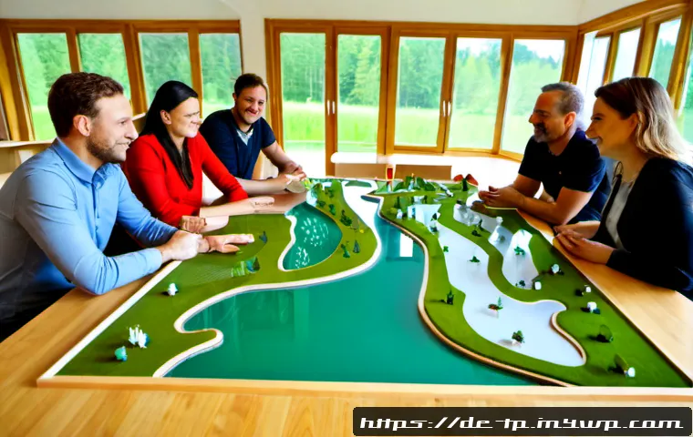 생태계 중심 사고의 필수 요소 - Photorealistic wide-angle scene of a German environmental planning workshop, diverse adult team gath...