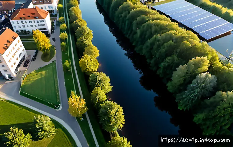 Home 21 생태계 중심 사고와 공공 정책 - Photorealistic aerial view of a German riverside town where restored wetlands, tree-lined cycling pa...