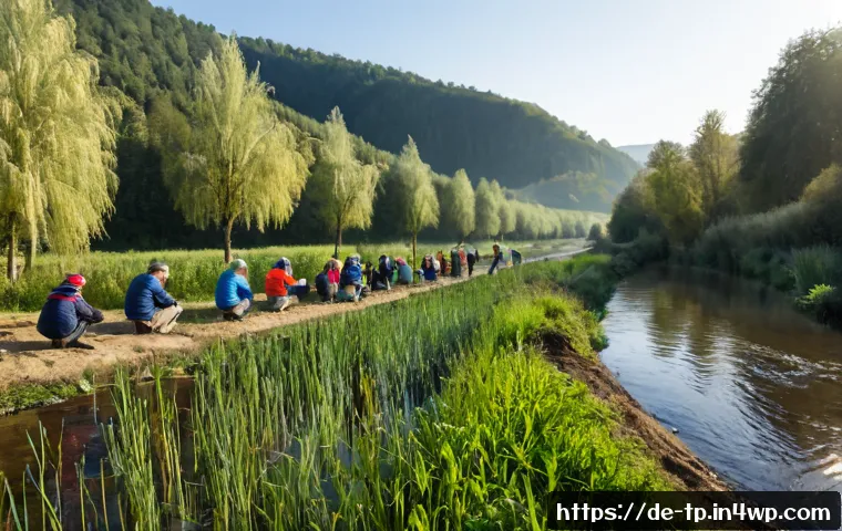 생태계 중심 사고와 지역 생태계 보호 - Photorealistic wide-angle scene of a German community restoring a local riverbank ecosystem, diverse...