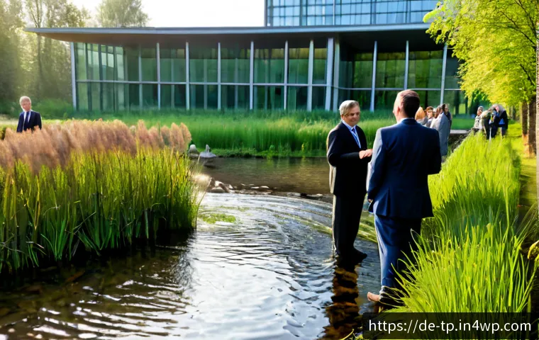 Home 15 생태계 중심 사고와 법적 규제 - Photorealistic wide-angle scene of a restored German wetland beside a modern glass government buildi...